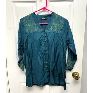 Fabindia Teal Blue Green Tunic, Gold Pattern, V Neck Blouse, Button Up, Size M
